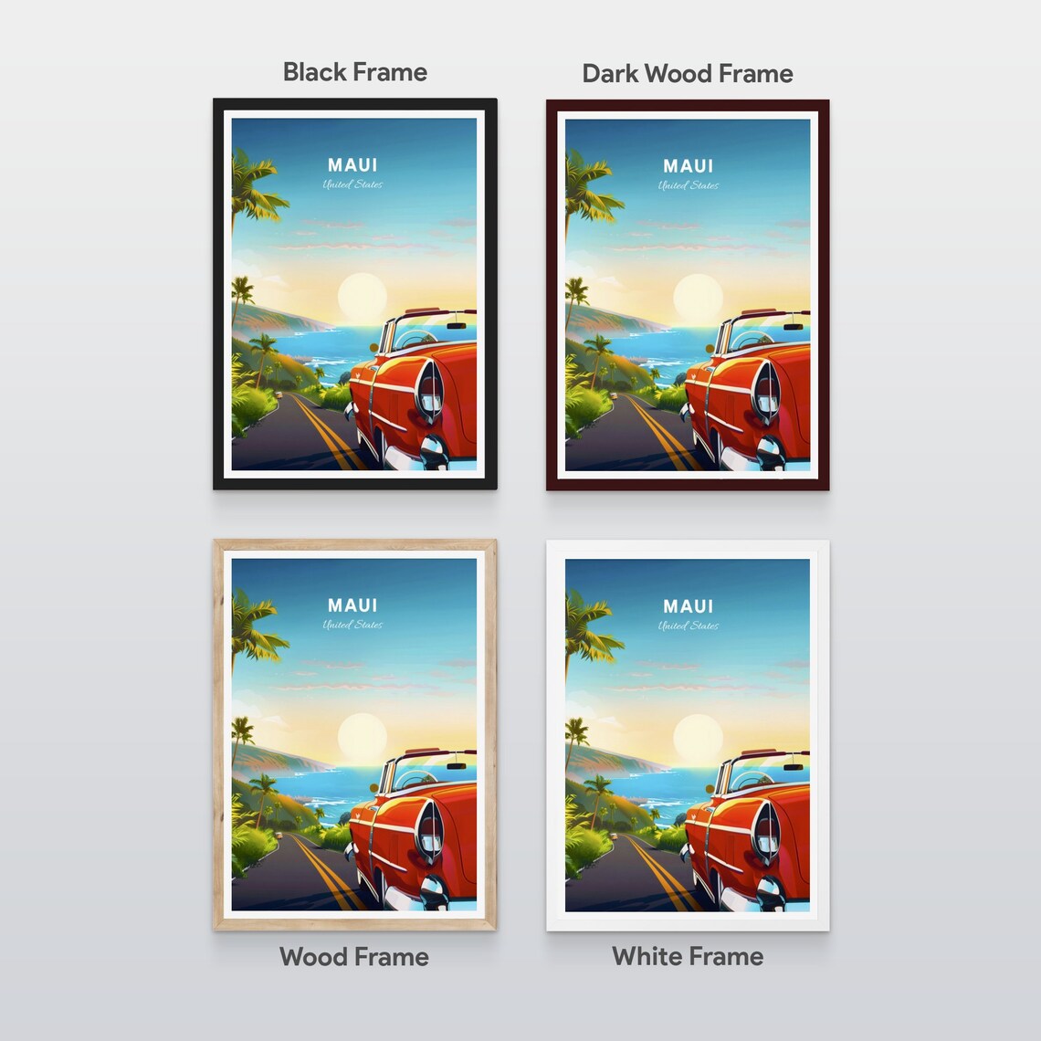 Maui Hawaii Red Classic Convertible Coastal Road Travel Poster - Image 2
