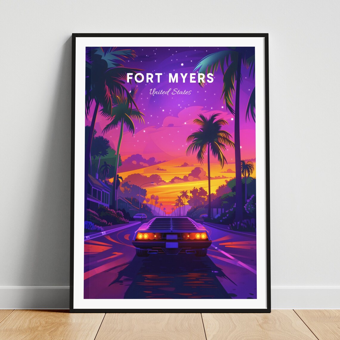 Fort Myers Florida Neon Sunset Classic Car Drive Travel Art Poster