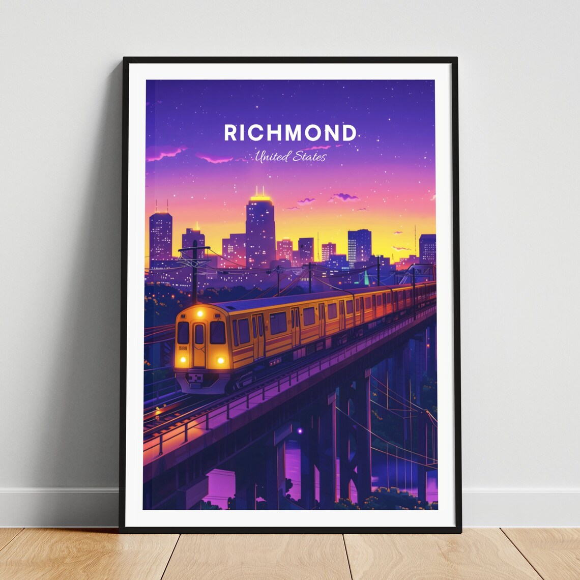 Richmond Yellow Train on Elevated Tracks at Dusk Travel Poster