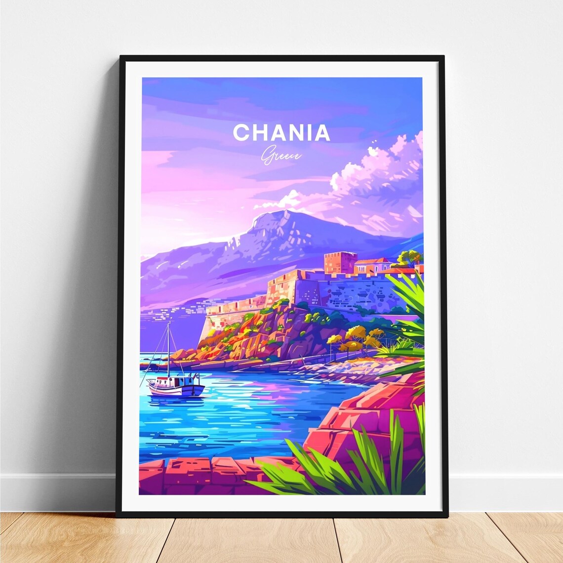 Chania Greece Coastal Fortress Sunset Fishing Boat Travel Poster