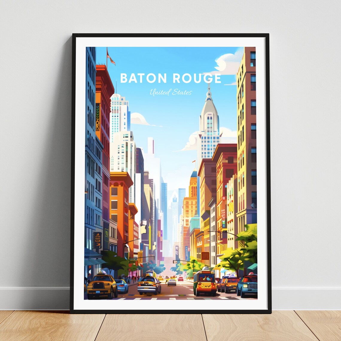 Baton Rouge City Street Yellow Cabs Tall Buildings Travel Poster