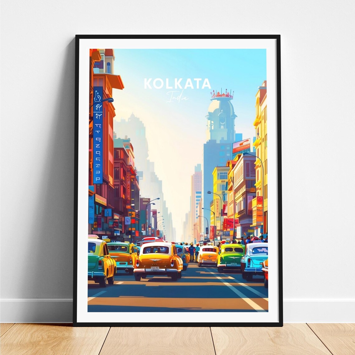 Kolkata India Classic Yellow Taxis on Busy Street Travel Poster