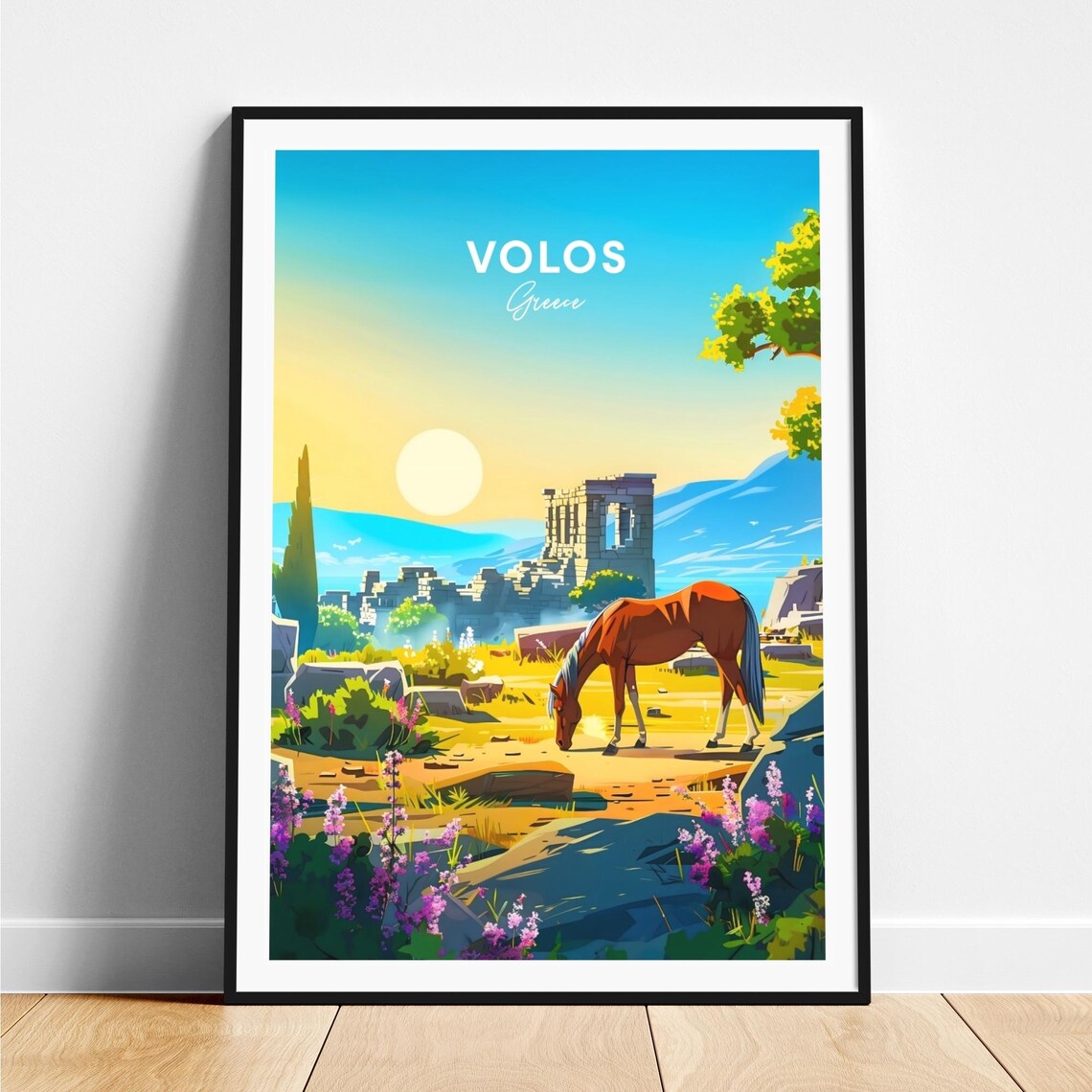Volos Greece Ancient Ruins Horse Travel Poster at Sunset Scene
