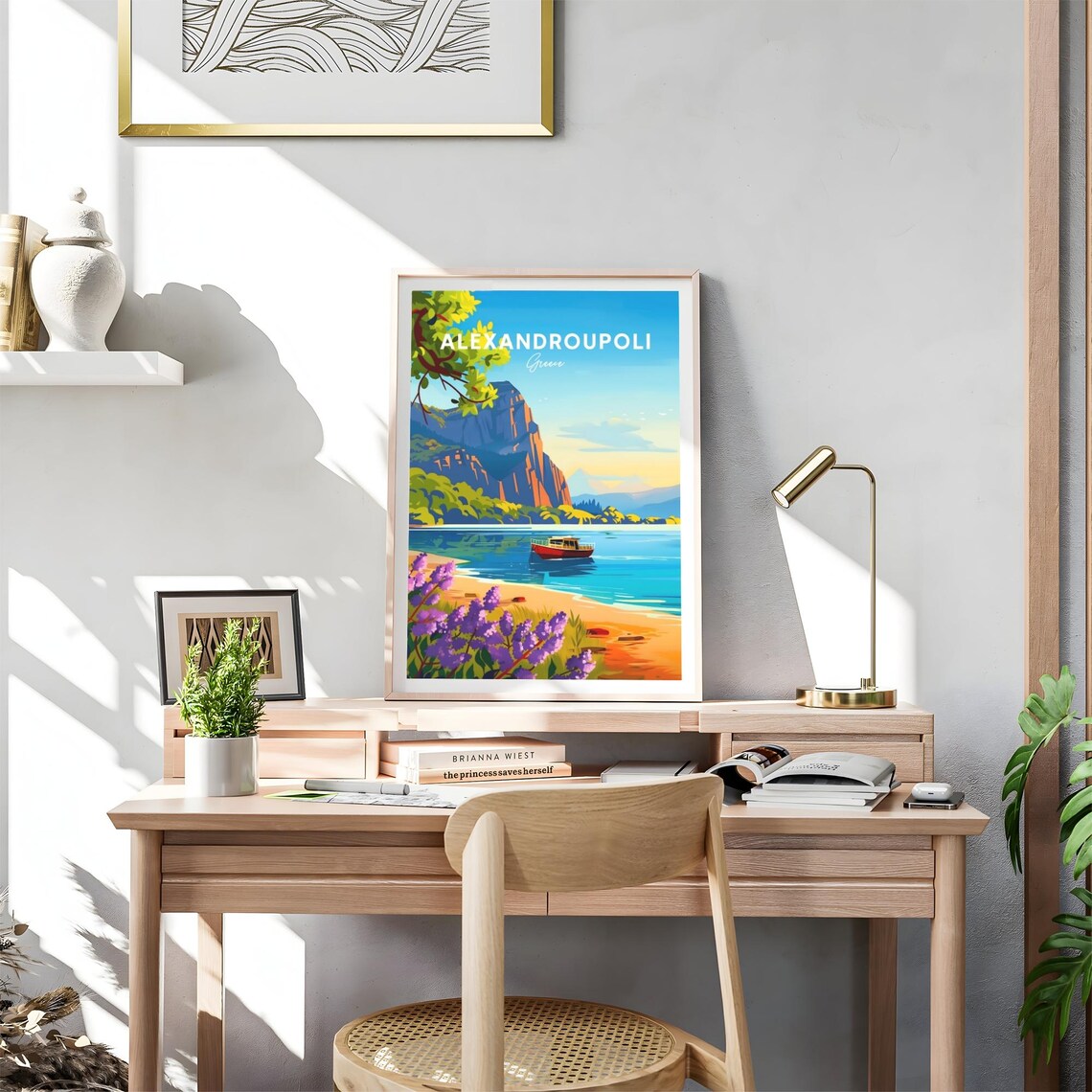 Alexandroupoli Greece Rocky Cliff Boat Flowers Travel Poster Art - Image 4