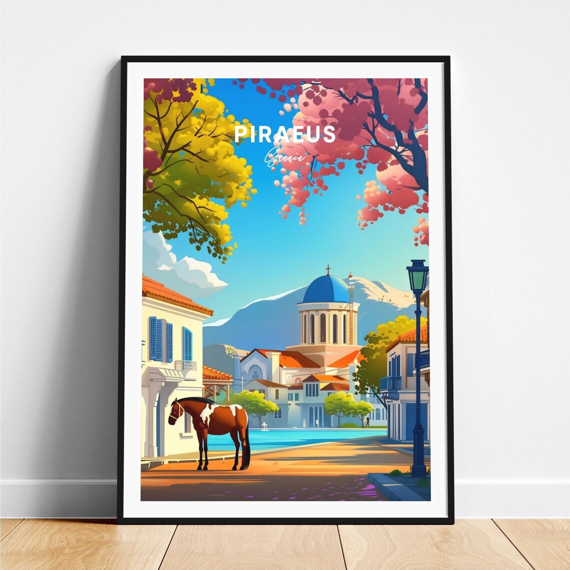 Piraeus Greece Horse Waterfront Blue Dome Church Travel Poster