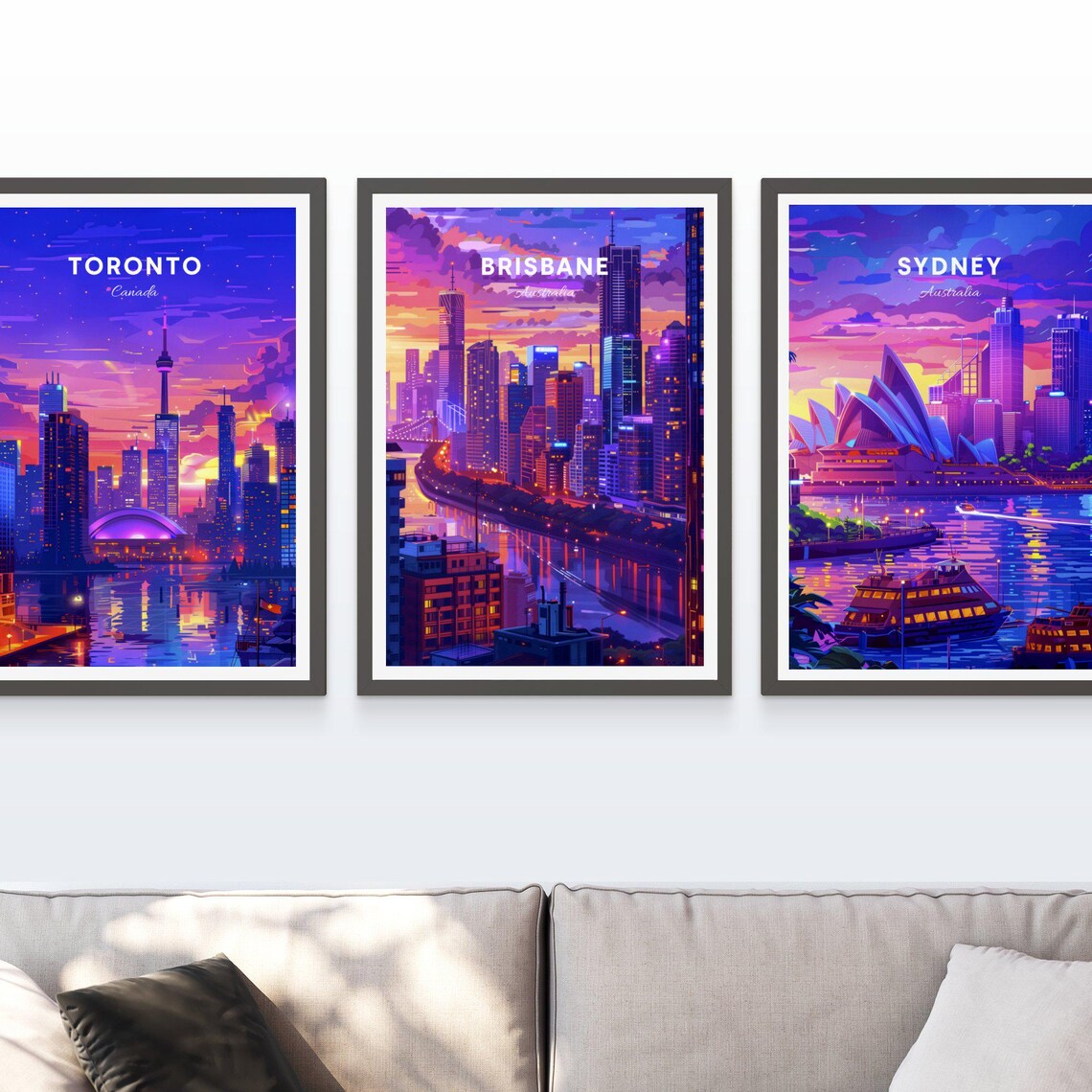 Brisbane Australia Night Skyline Neon Lights City Art Poster - Image 3