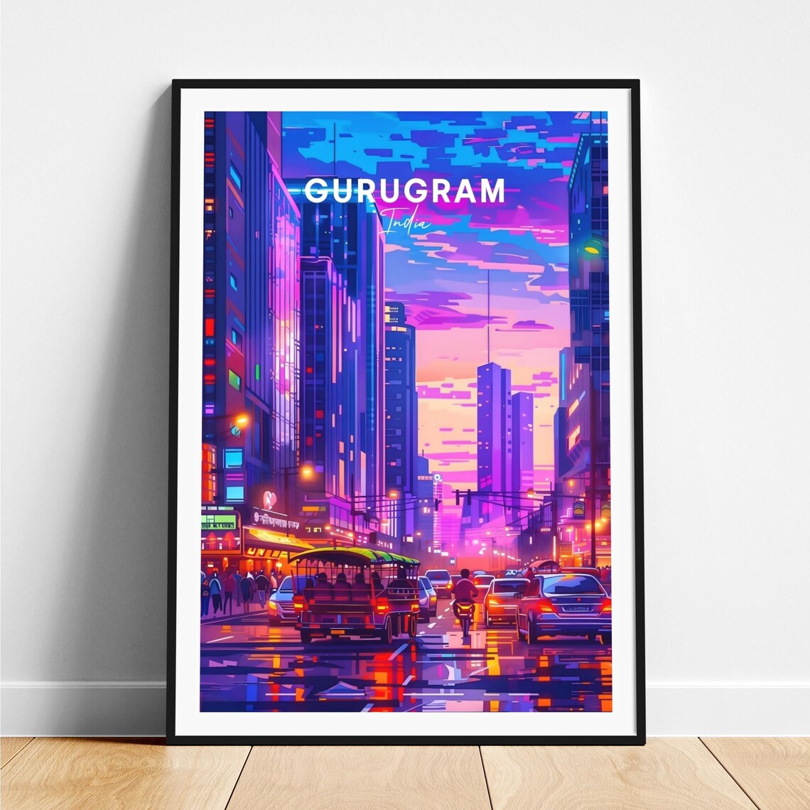 Gurugram India Glowing Neon Skyscrapers at Night Travel Poster