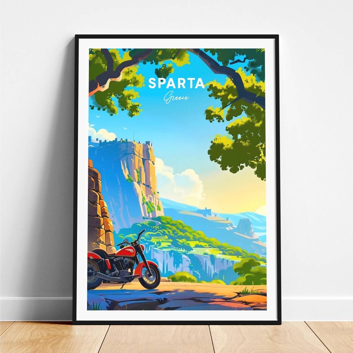 Sparta Greece Red Motorcycle Cliff Ledge Fortress Valley Travel Poster