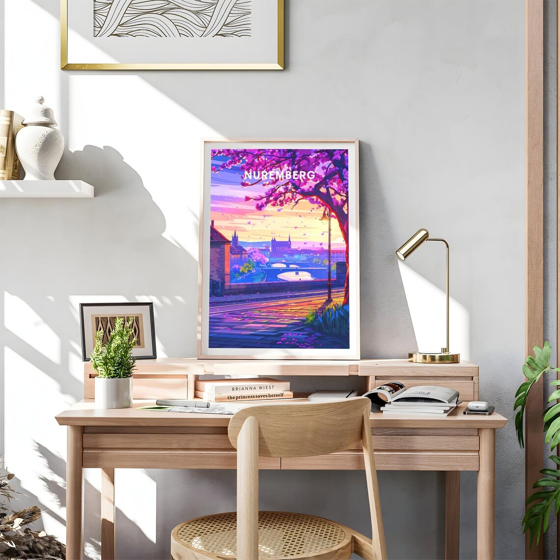 Nuremberg Germany Sunset Promenade Pink Blossom View Art Poster - Image 4