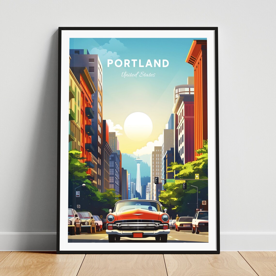 Portland Retro Street Scene with Classic Car and City Tower Poster