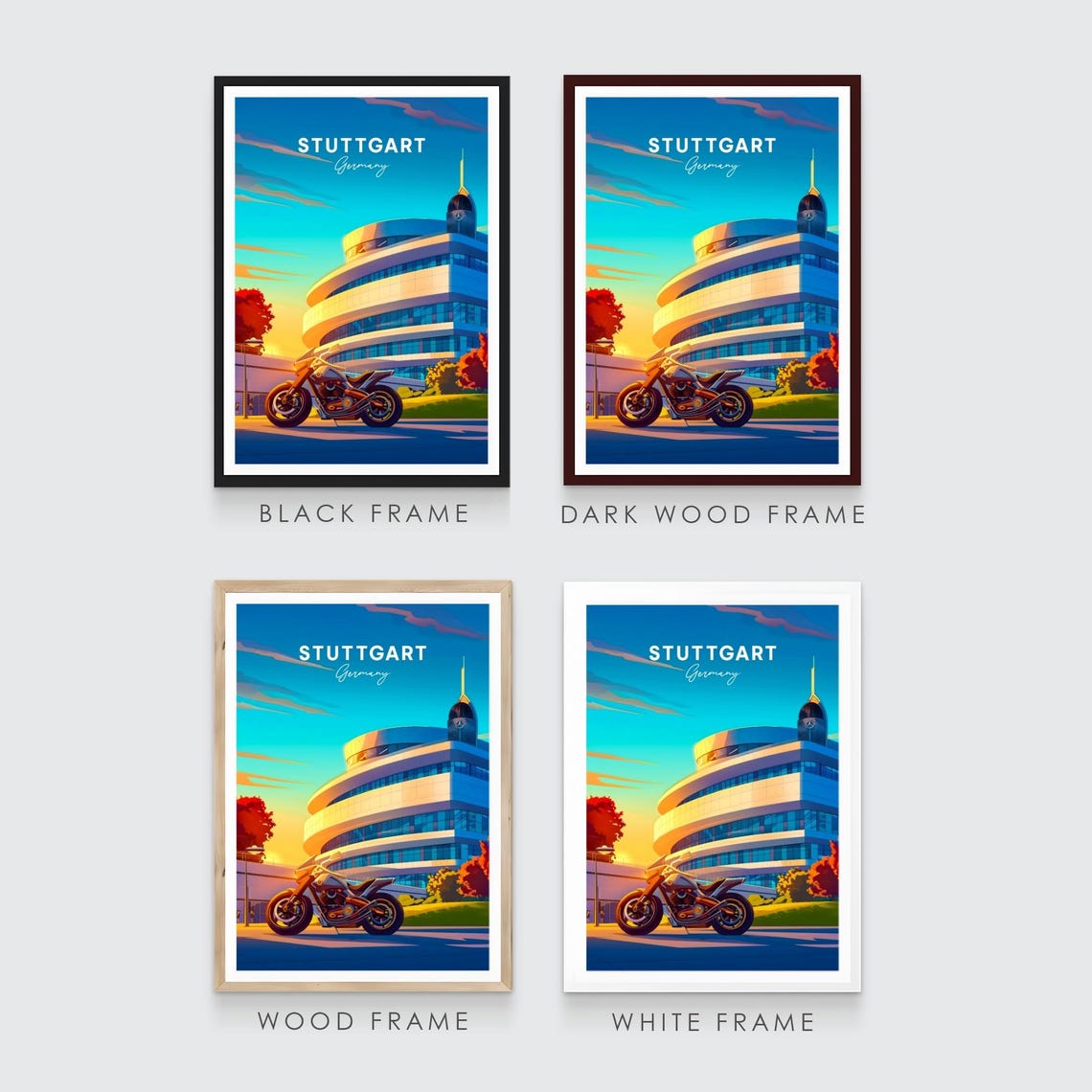 Stuttgart Modern Museum Building Motorcycle Germany Travel Poster - Image 3