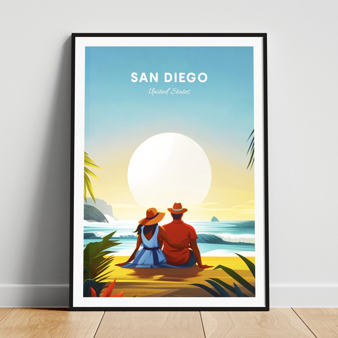 San Diego California Beach Sunset Couple Romantic Travel Poster
