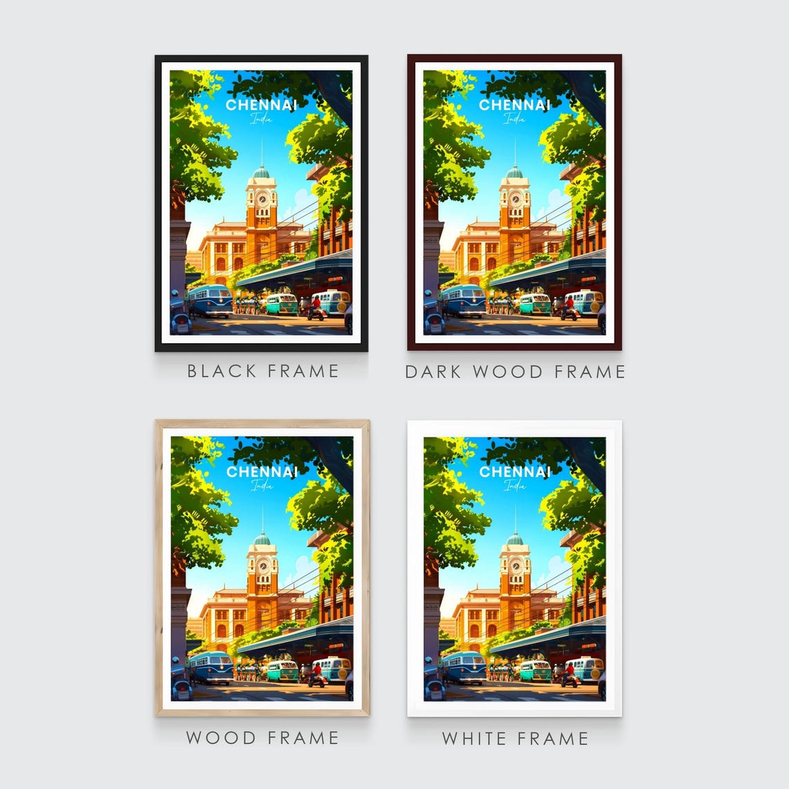 Chennai India Historic Clock Tower Street Buses Retro Travel Poster - Image 3