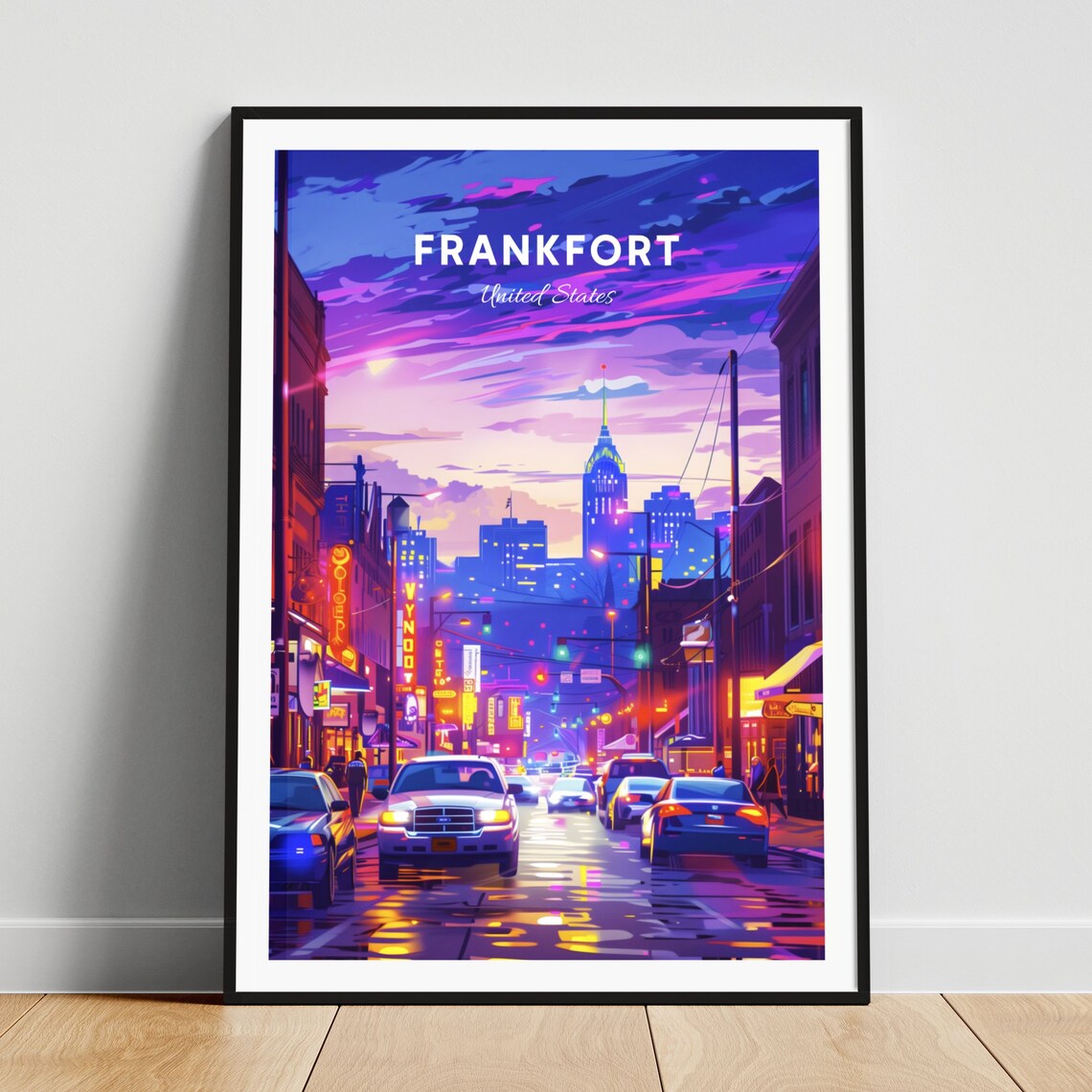 Frankfort Kentucky Neon Night Street Rain City Lights Travel Poster