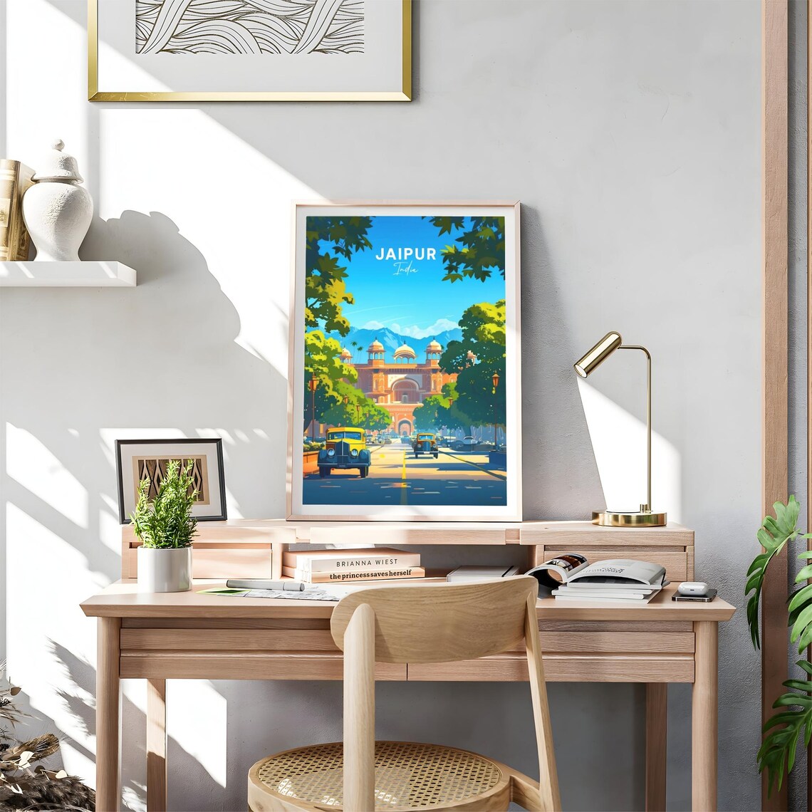 Jaipur India Pink Palace Gate with Vintage Cars Travel Poster - Image 4