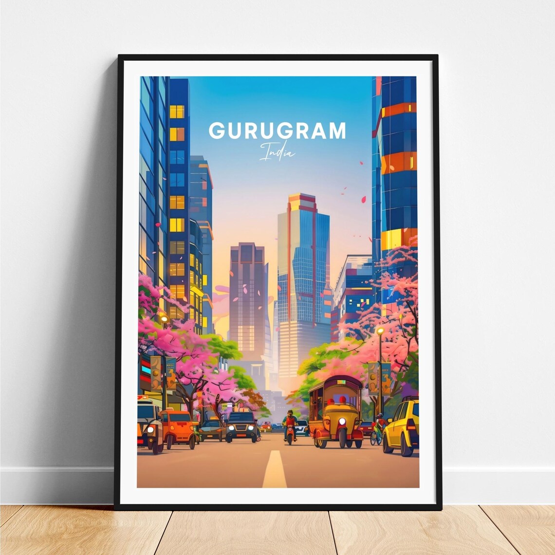 Gurugram India Modern Glass Skyscraper Street Tuk Tuks Travel Poster