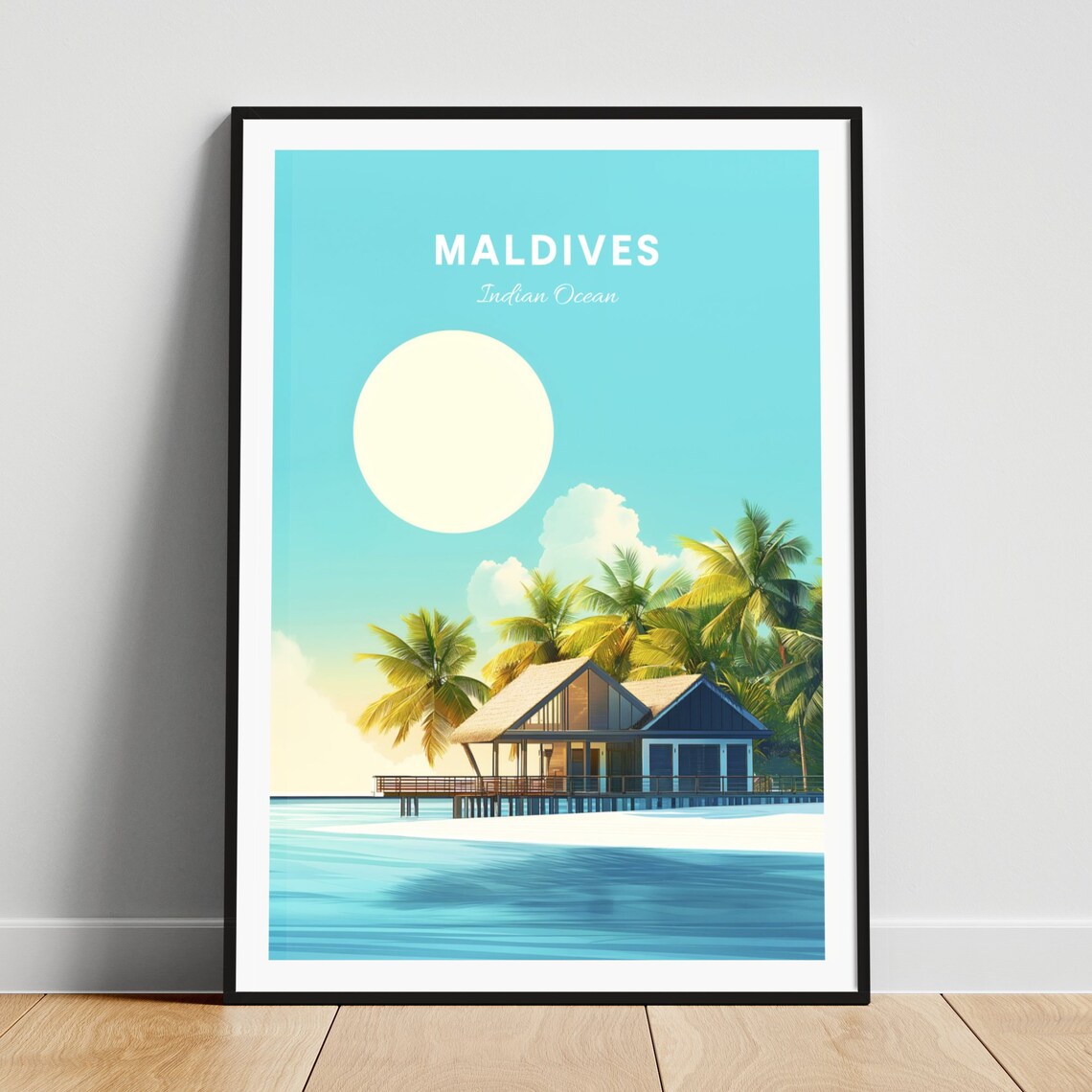 Maldives Indian Ocean Overwater Bungalows Clear Water Travel Poster