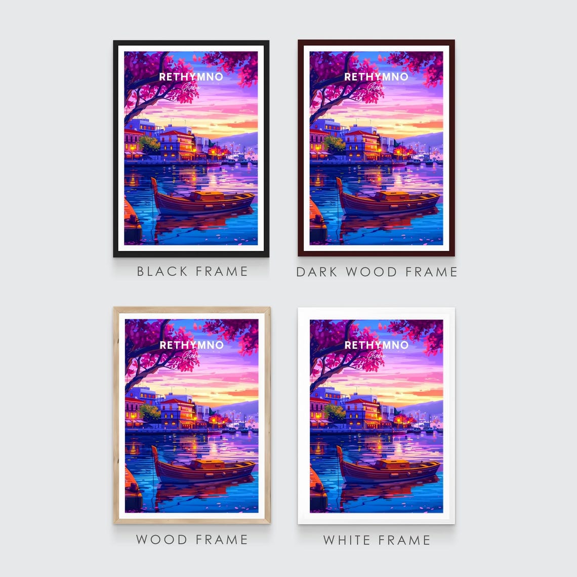 Rethymno Greece Harbor Dusk Boats Blossom Tree Evening Poster - Image 3