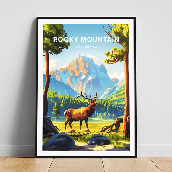Rocky Mountain National Park Travel Poster Elk Alpine Peak Meadow Wildlife Art