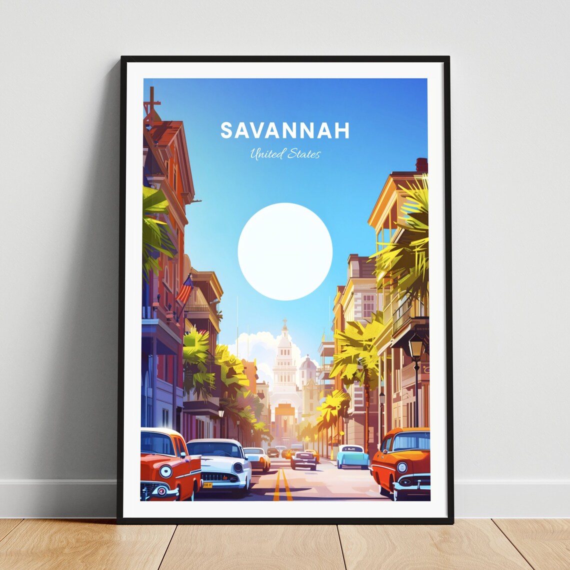 Savannah Historic Street Classic Cars Cathedral Travel Poster