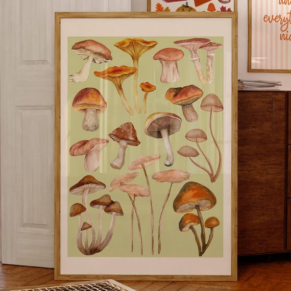 Watercolor Mushroom Botanical Wall Art Cozy Green For Natureinspired Decor
