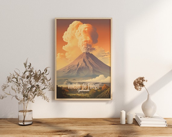 Fuego Volcano Guatemala Travel Poster, Nature Print