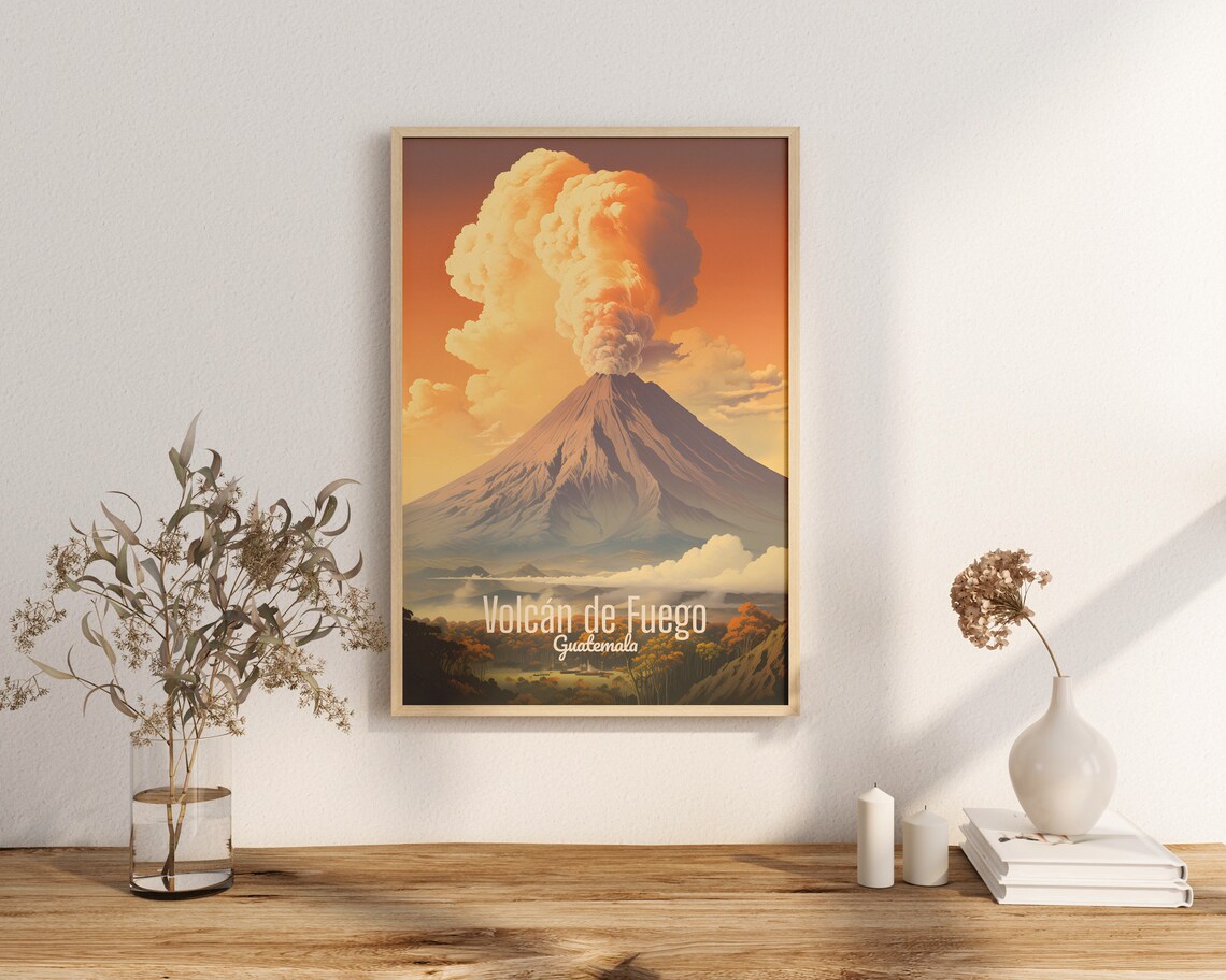 Fuego Volcano Guatemala Travel Poster, Nature Print