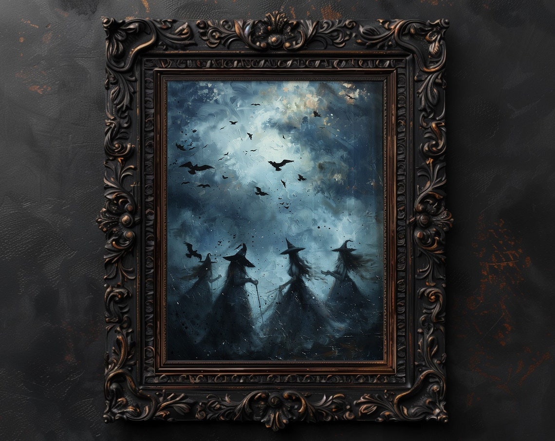 Witch Coven Silhouettes Stormy Night Sky Bats Halloween Poster - Image 5
