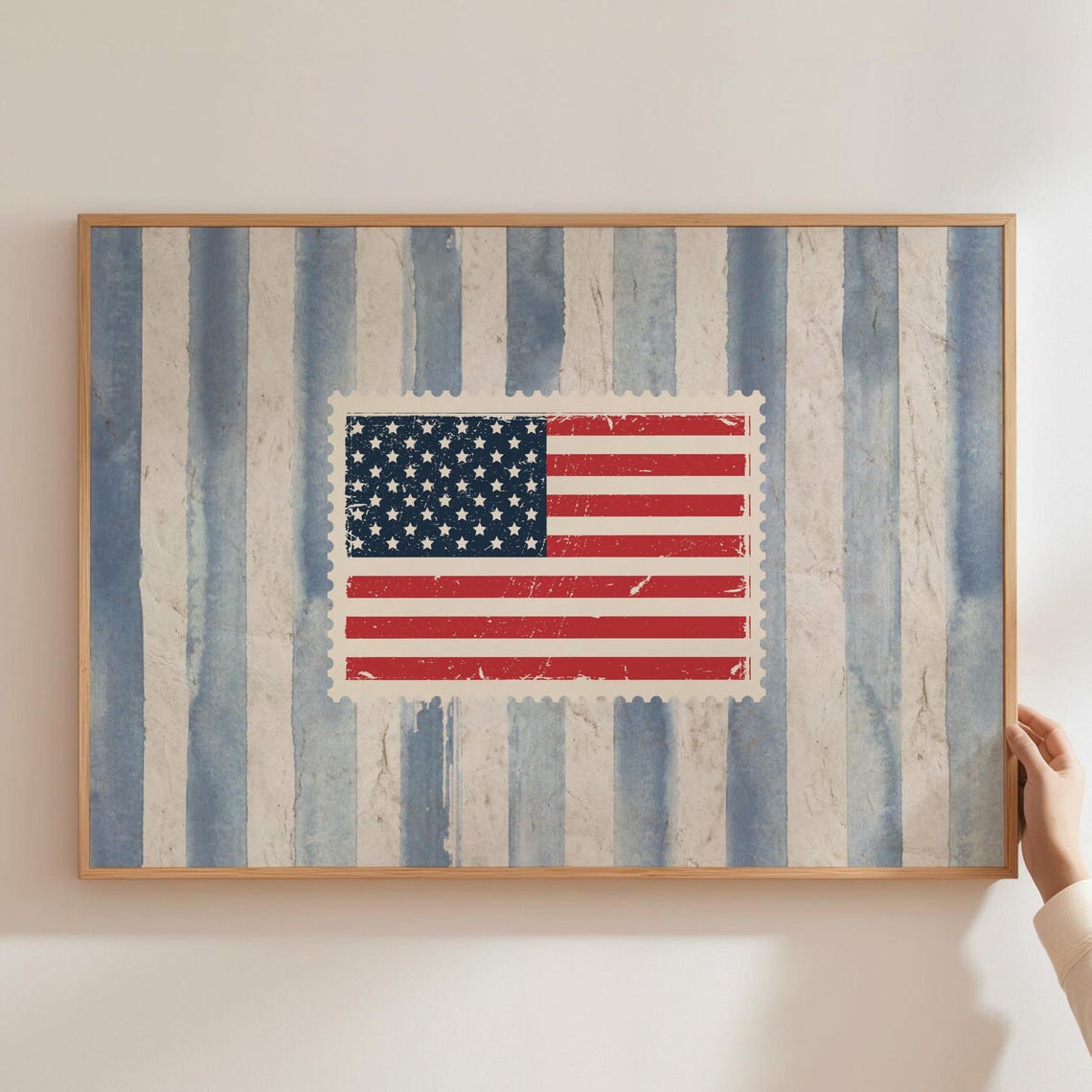 Vintage American Flag Postage Stamp Blue Striped Background Wall Art