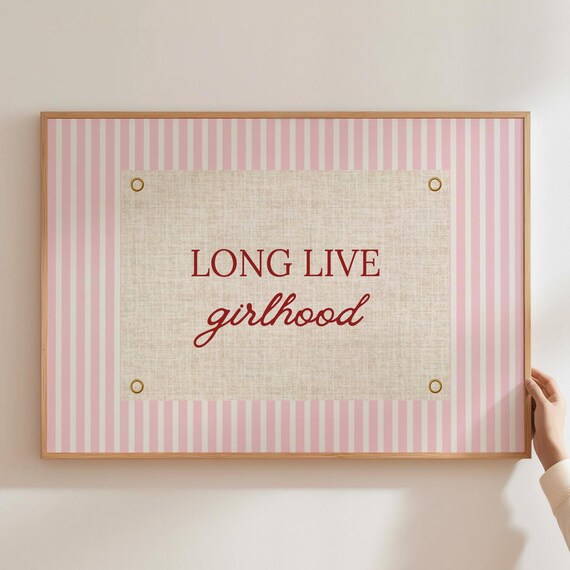 Long Live Girlhood Red Pink Striped Linen Banner Style Poster