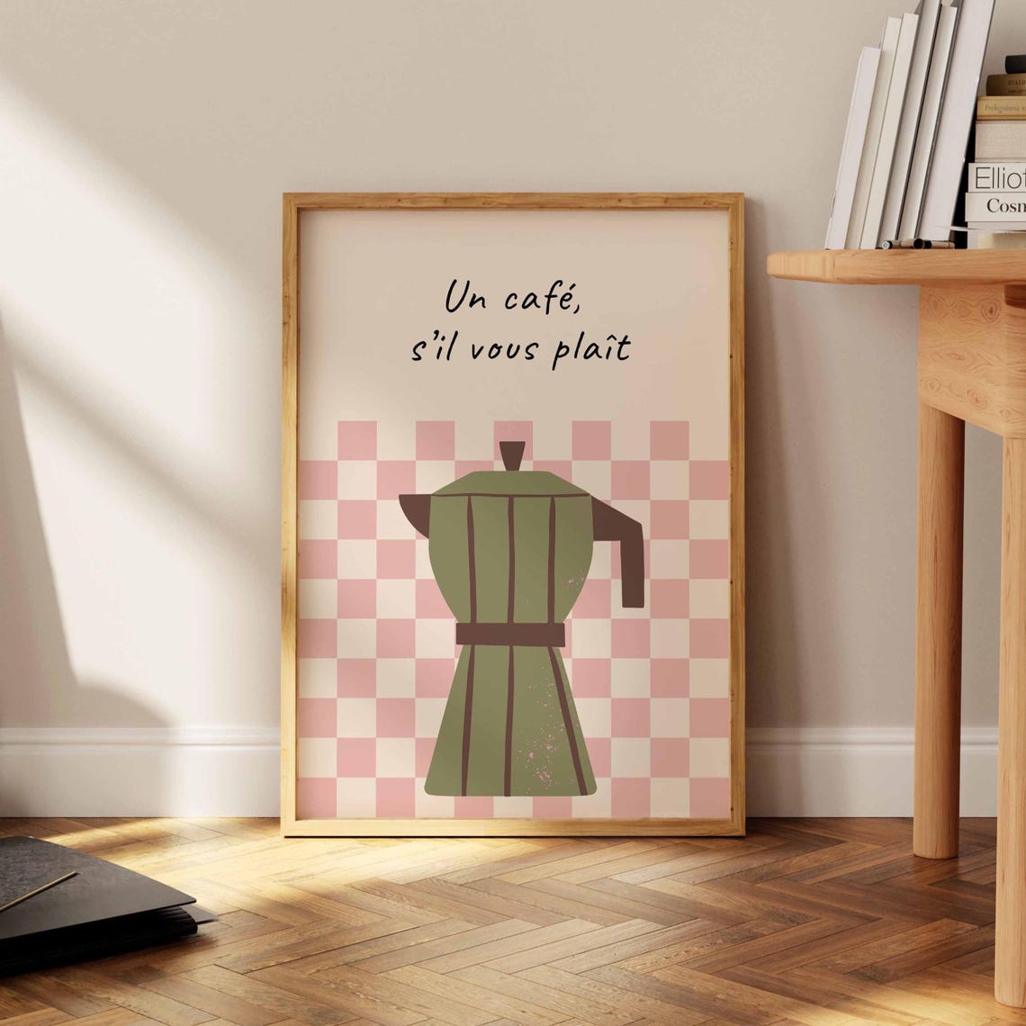 Un Cafe Sil Vous Plait French Green Moka Pot Checkered Poster