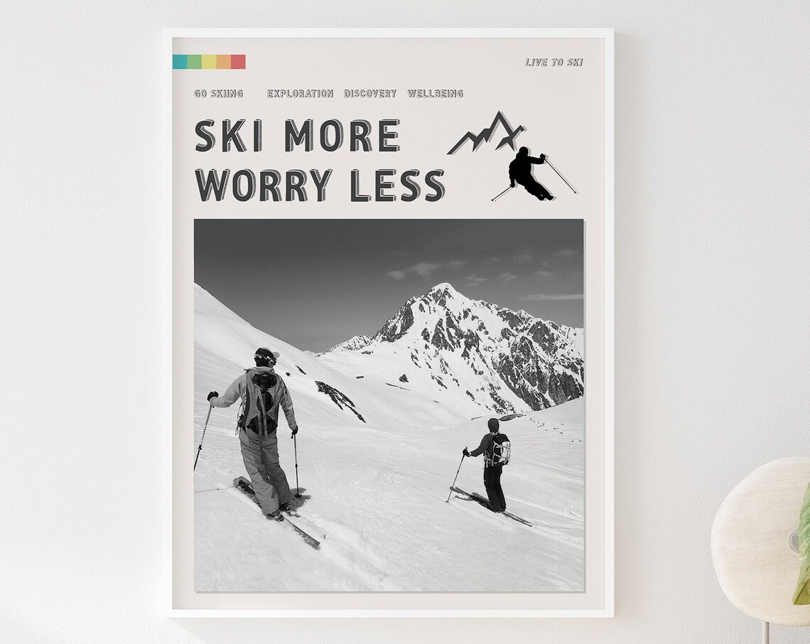 Ski More Worry Less Vintage Skiing Alps Art Print - Image 2