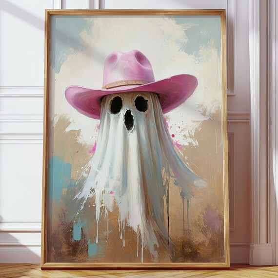 Ghost Wearing A Pink Cowboy Hat Abstract Halloween Art Poster