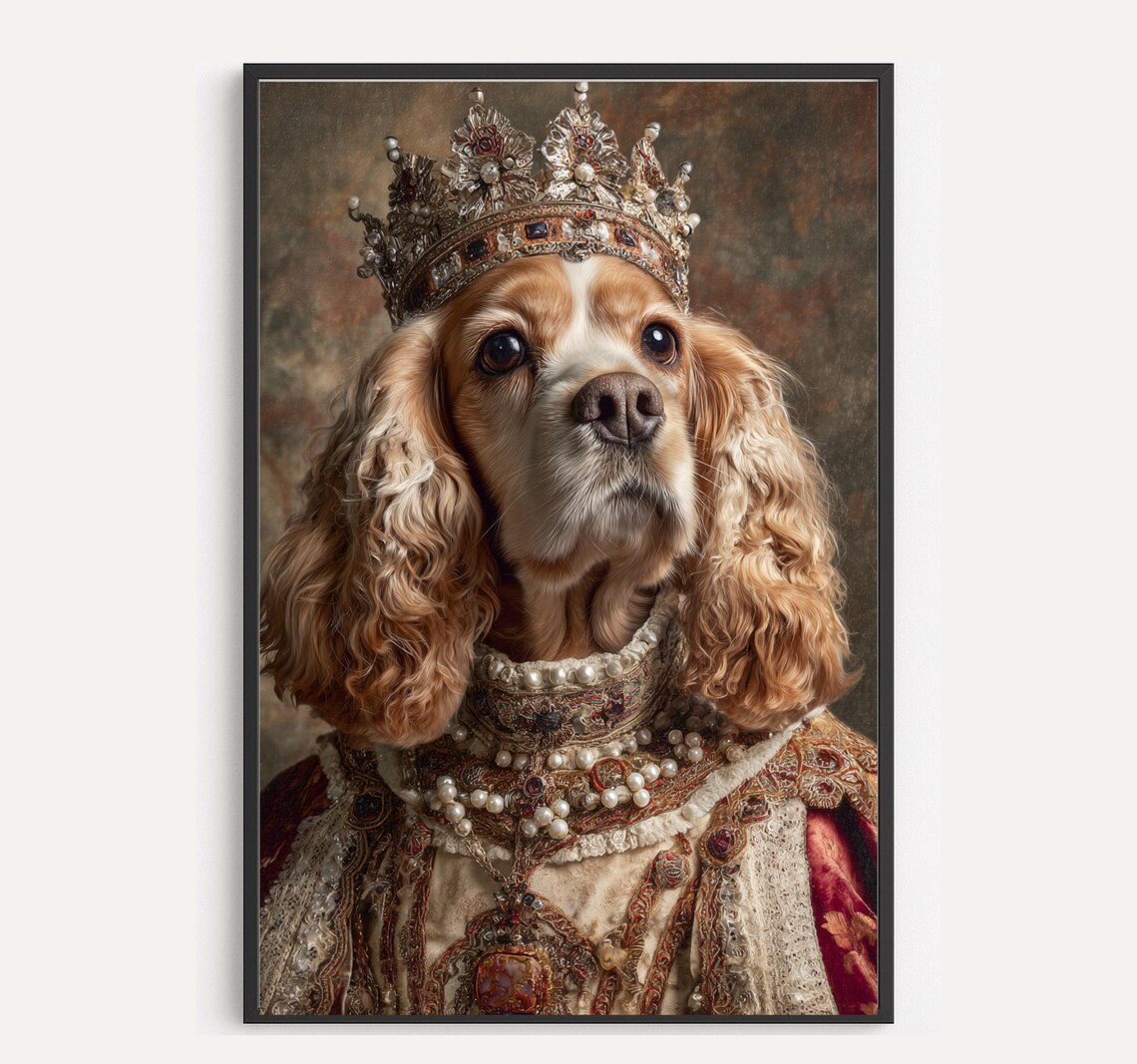 Cocker Spaniel Queen Royal Dog Portrait Jeweled Crown Pearl Regal Poster