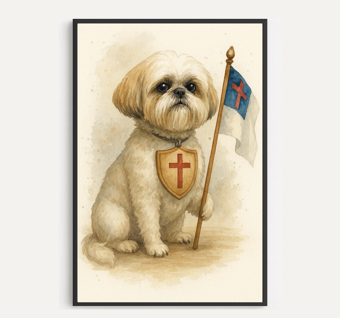 Shih Tzu Warrior Watercolor Portrait Cross Flag Dog Art Poster