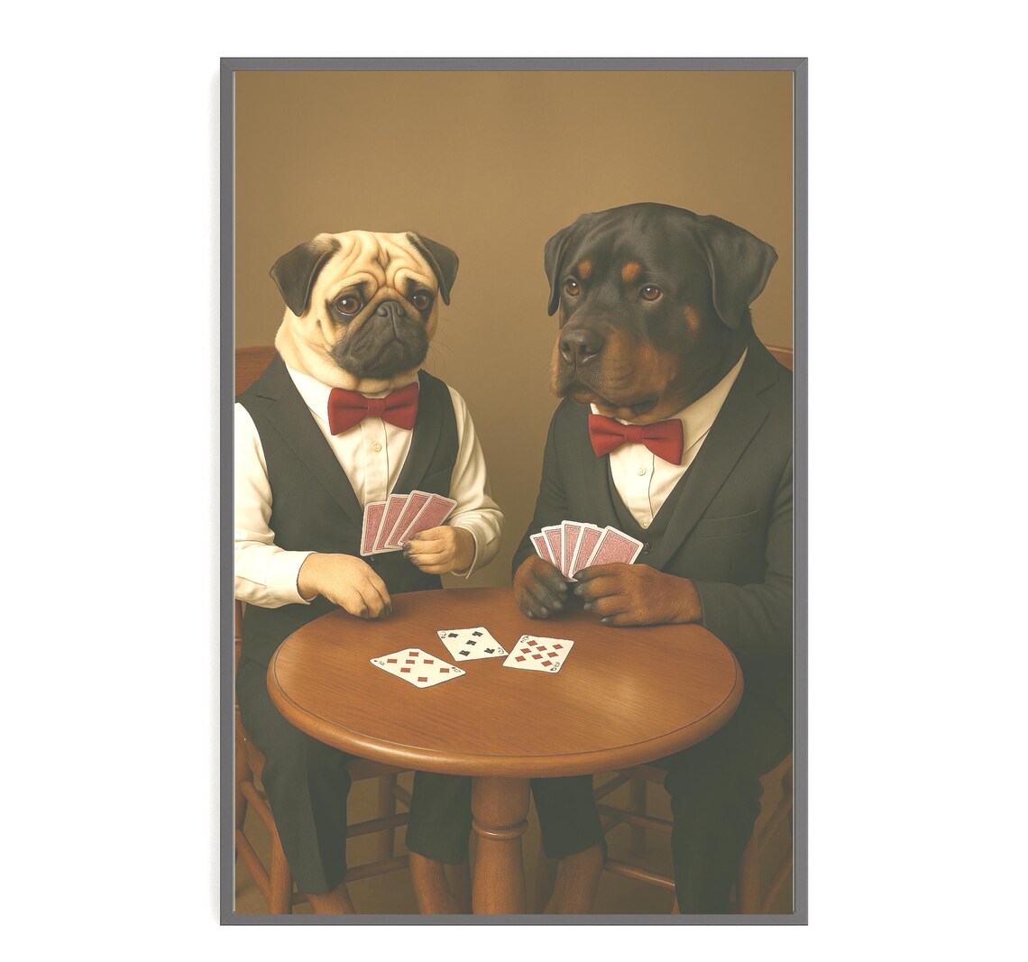 Pug And Rottweiler Dogs Playing Cards Poker Night Art Poster