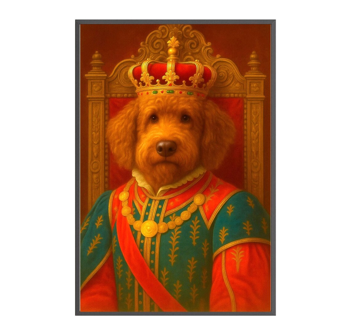 Labradoodle King Royal Dog Portrait Crown Throne Regal Funny Pet Poster