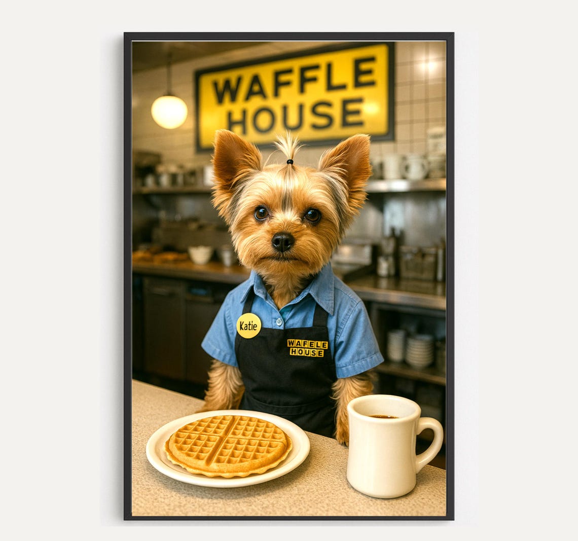 Yorkie Waitress Waffle House Dog Portrait Funny Kitchen Diner Poster
