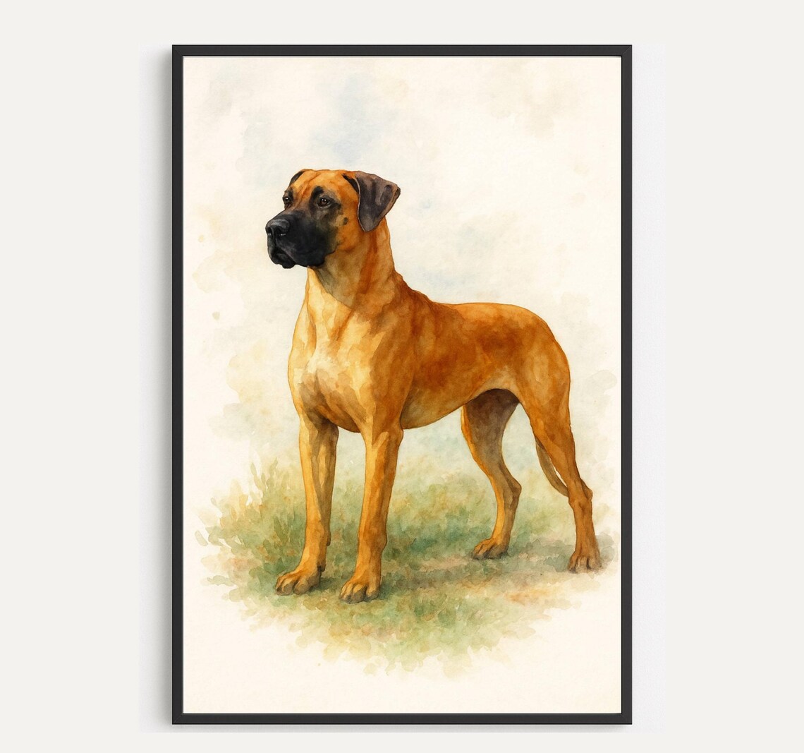Great Dane Watercolor Portrait Fawn Dog Standing Tall Art Poster