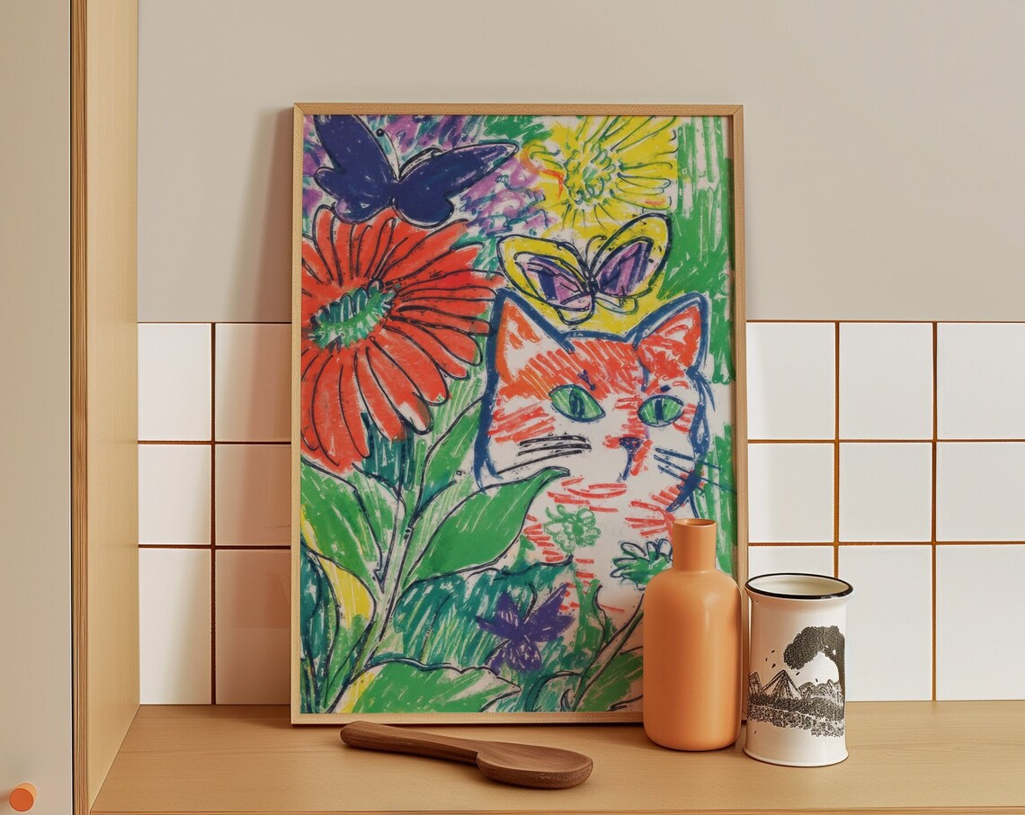 Orange Cat With Flowers And Butterflies Garden Colorful Poster