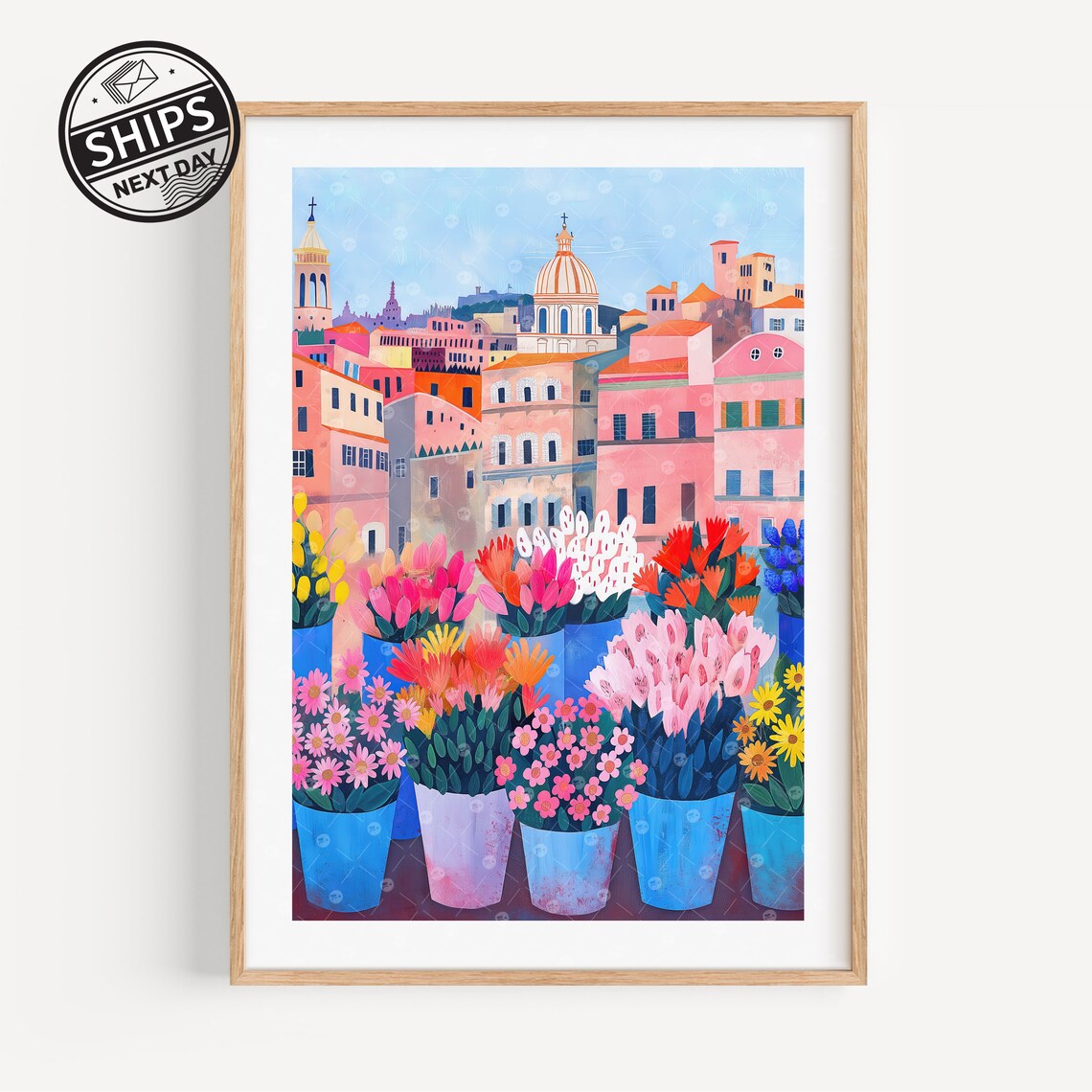 Rome Flower Market Colorful Floral Cityscape Watercolor Poster