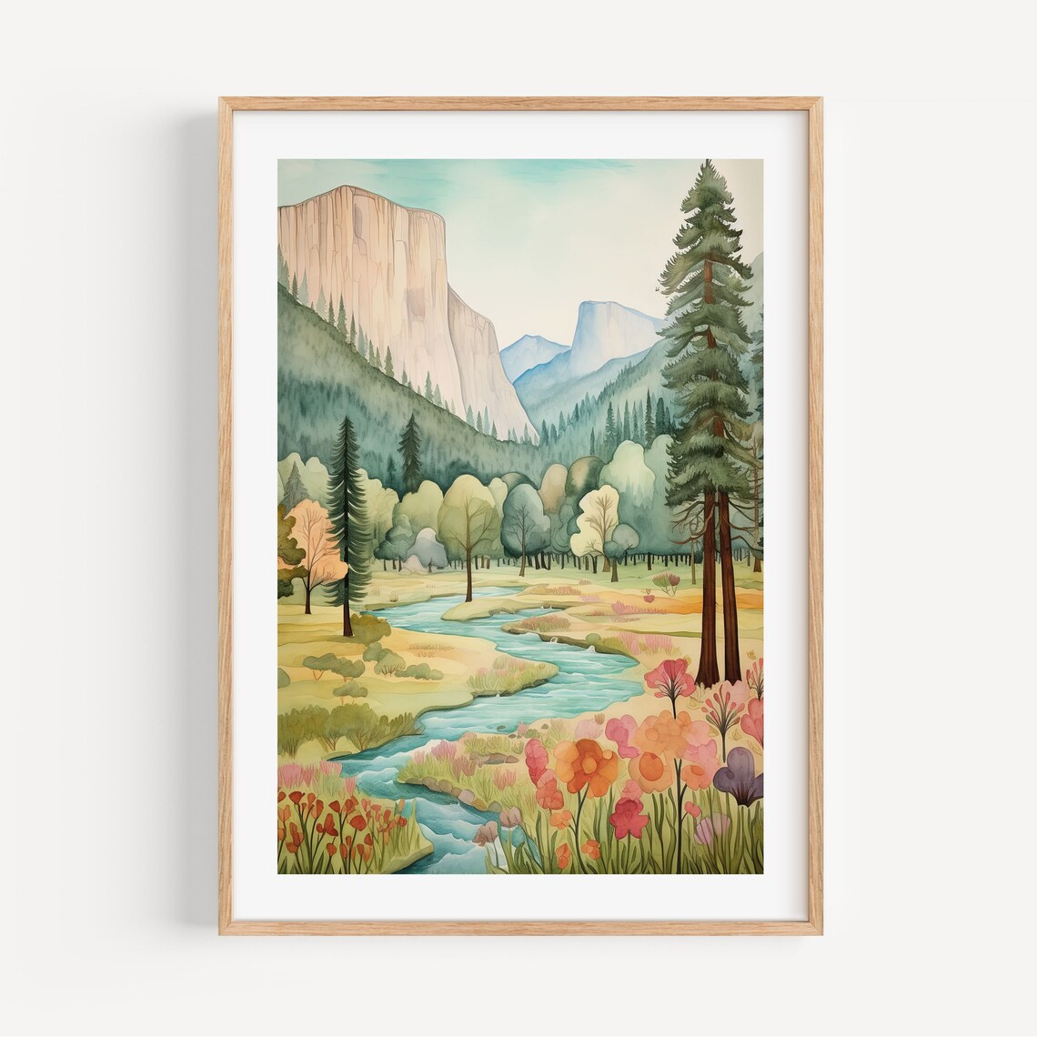 Yosemite National Park Watercolor Art Print, Modern Travel