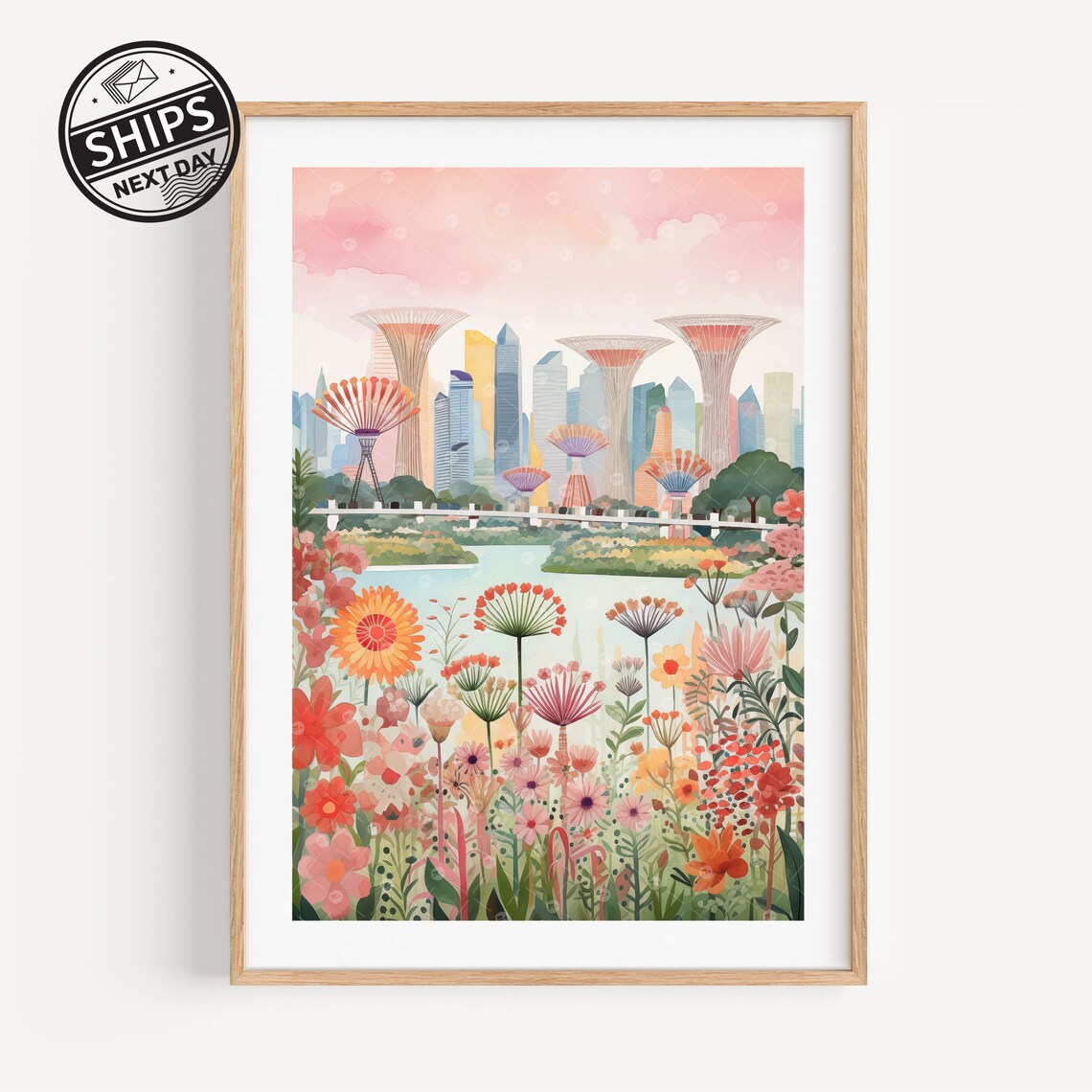 Singapore Supertree Grove Skyline Wildflower Watercolor Poster