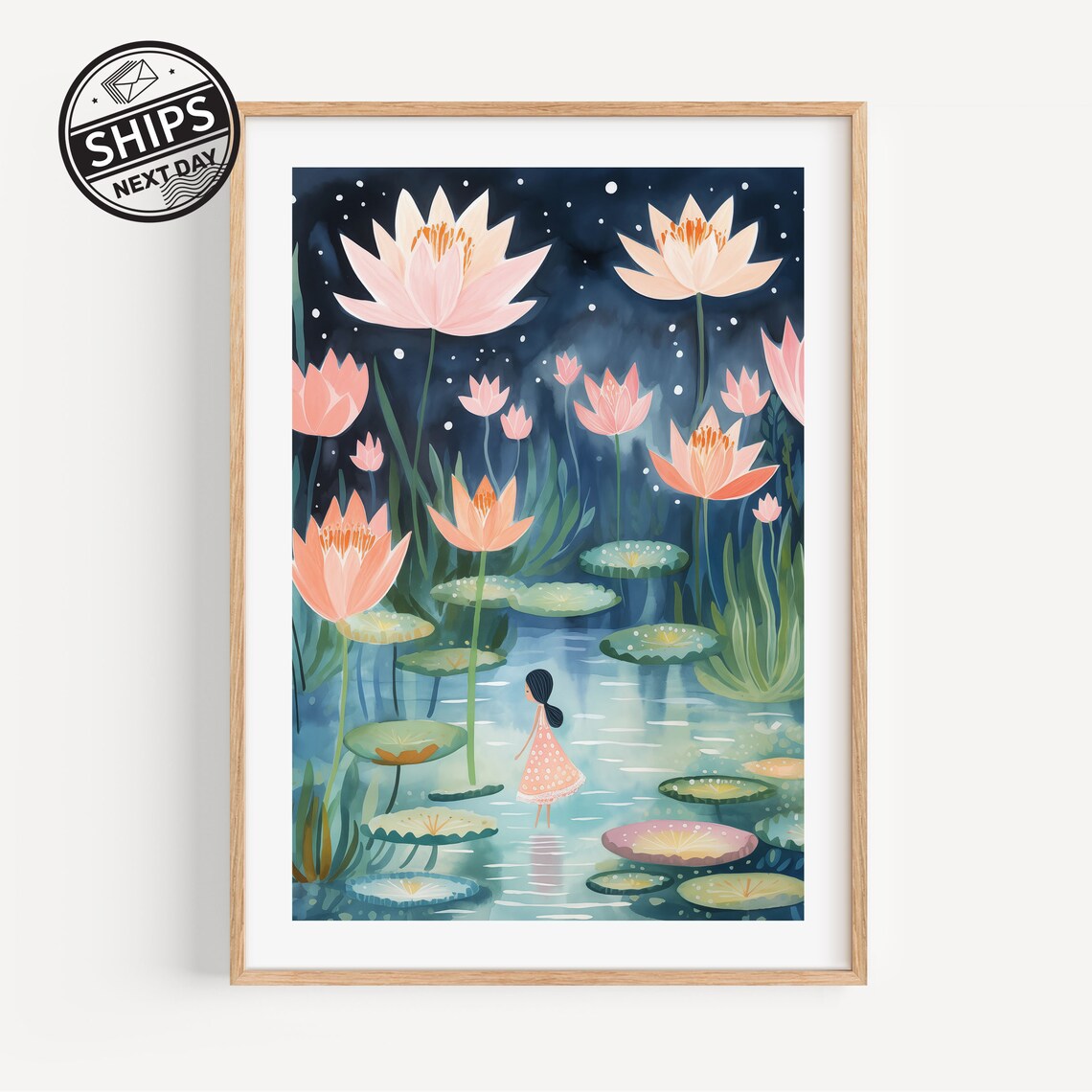 Dreamy Moonlit Water Lily Pond Girl Night Watercolor Art Print