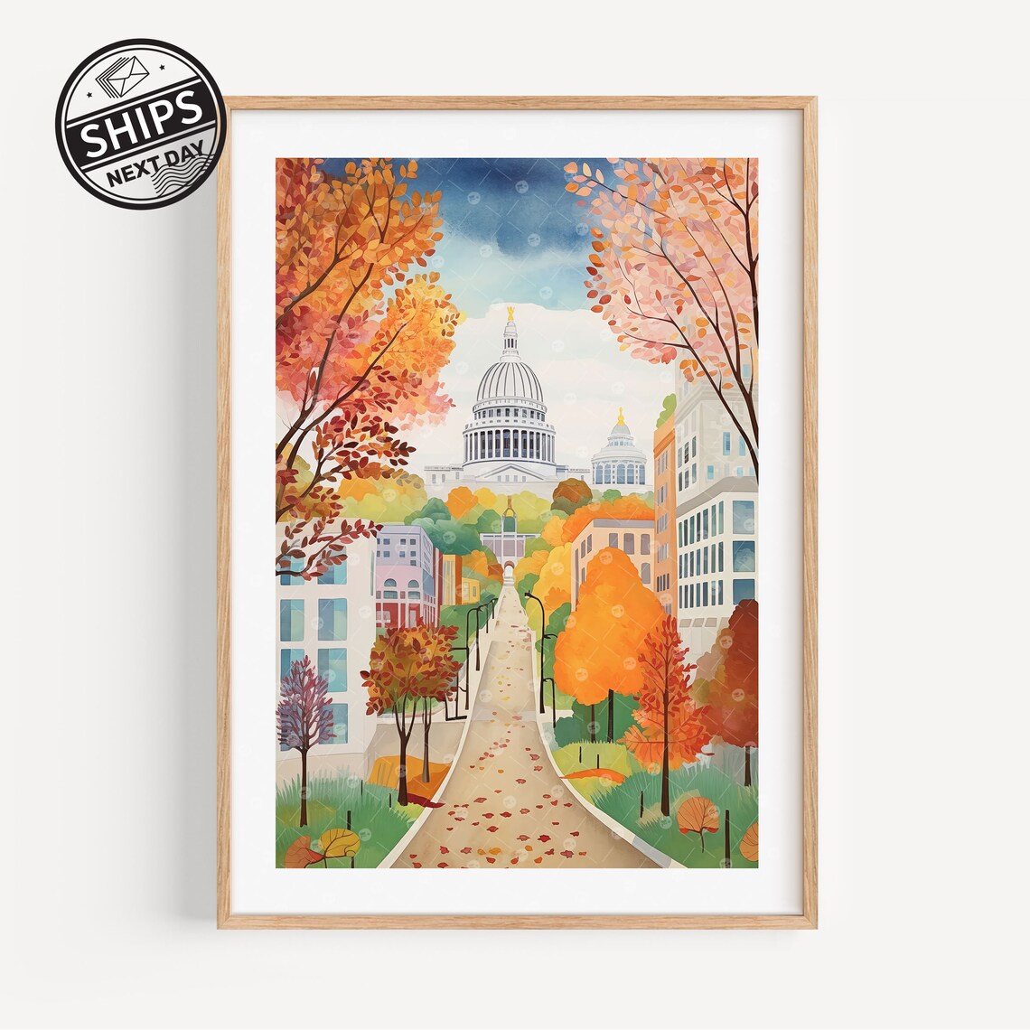 Madison Wisconsin Watercolor Travel Poster, Modern Art