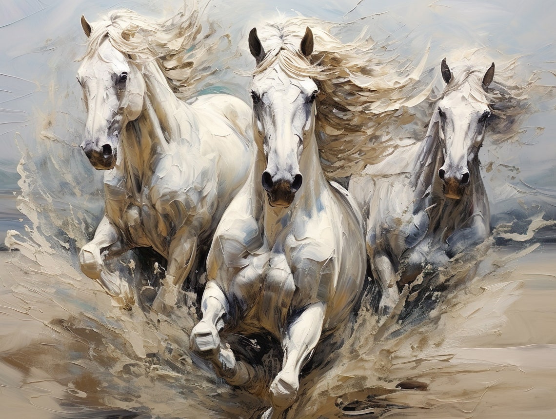 Three White Horses Galloping Through Water Oil Painting Poster