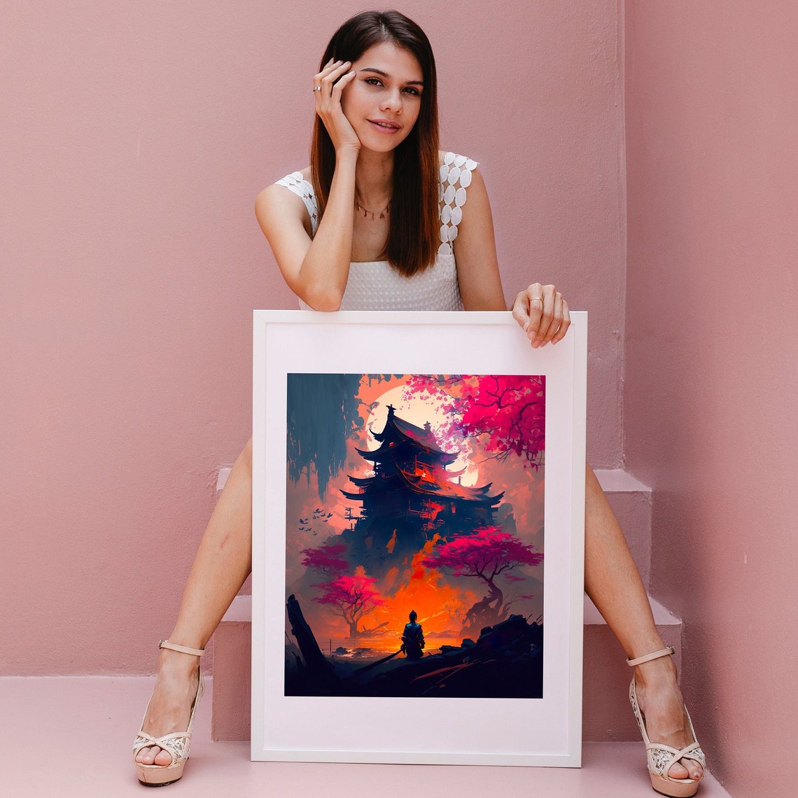 Chinese Temple Night Moonlight Blossom Fire Scene Art Poster
