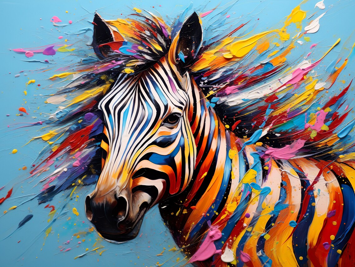 Colorful Zebra Head Paint Splash Blue Pop Art Animal Portrait Poster