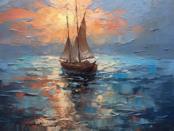 Sailing Boat At Sunset Ocean Waves Palette Knife Painting Poster