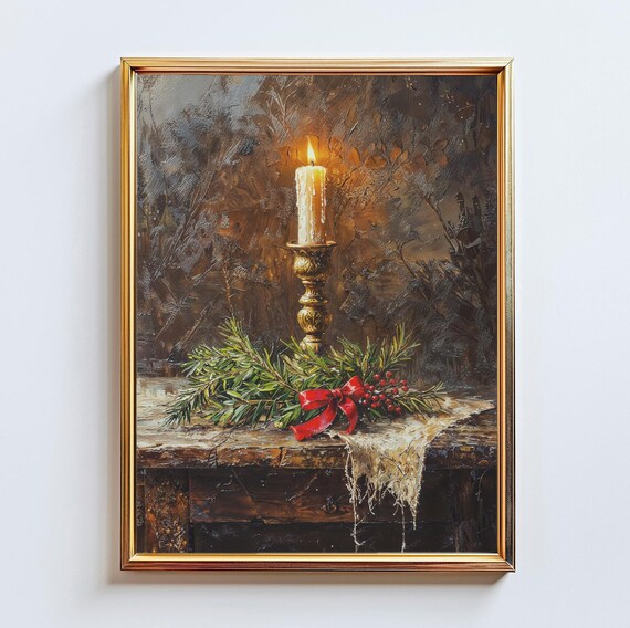 Vintage Christmas Candle Still Life Evergreen Ribbon Rustic Poster